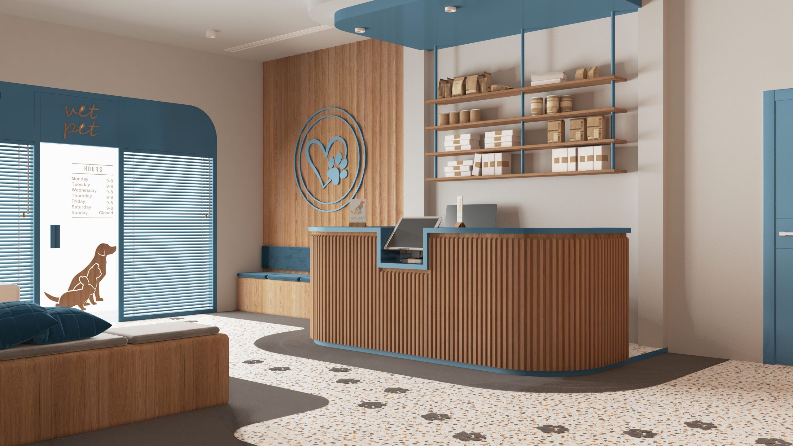 Veterinary,Clinic,Waiting,Room,In,Blue,And,Wooden,Tones.,Reception