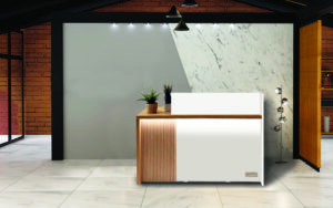 Modular reception desk equipped with LED lighting