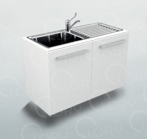 Cabinet with single sink and drip pan on right side