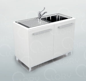 Cabinet with single sink and left-handed drip pan