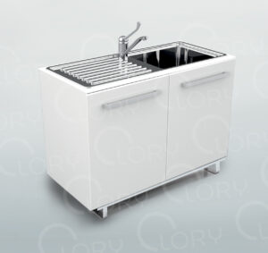 Cabinet with single sink and left-handed drip pan