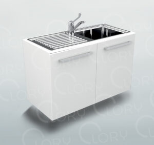 Cabinet with single sink and left-handed drip pan