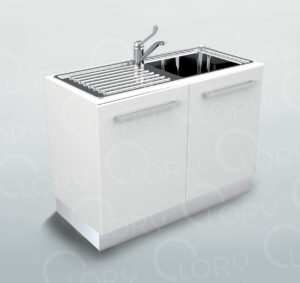 Cabinet with single sink and left-handed drip pan